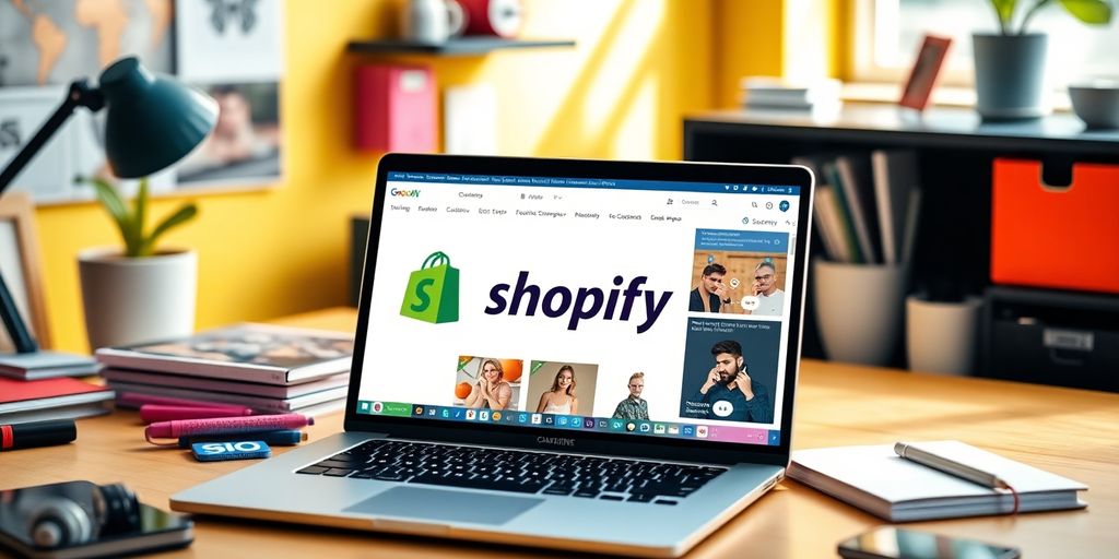 A laptop with Shopify interface in a bright workspace.