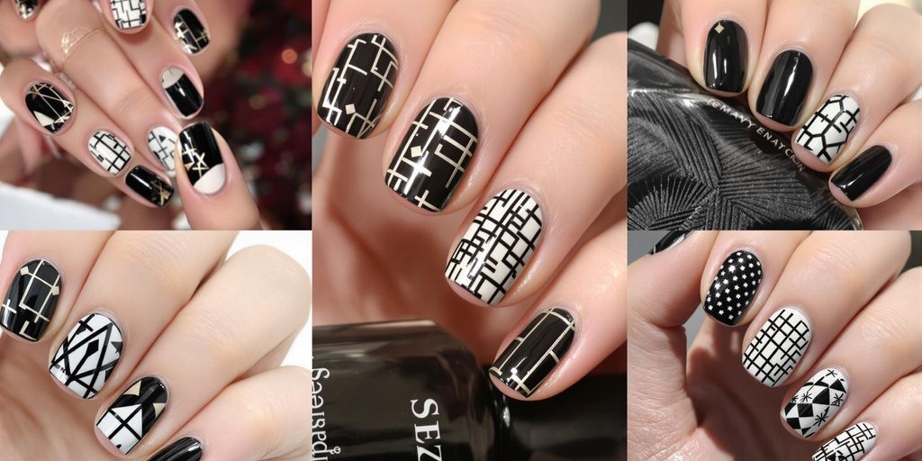 Unhas pretas com designs minimalistas variados.