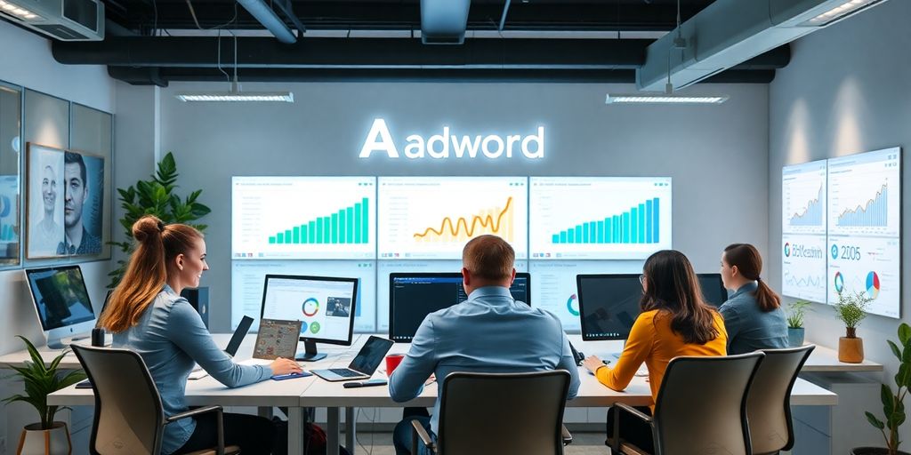 Profissionais de marketing digital em ambiente moderno.