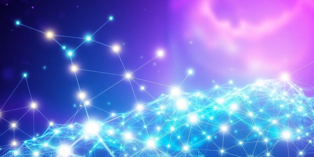 Interconnected digital network with glowing nodes.