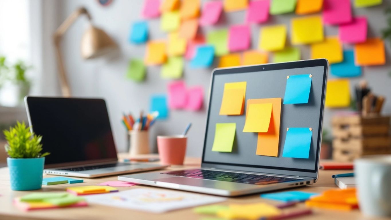Creative workspace with laptop and colorful sticky notes.