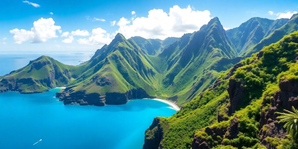 Lush green cliffs meet turquoise bay on Nuku Hiva.