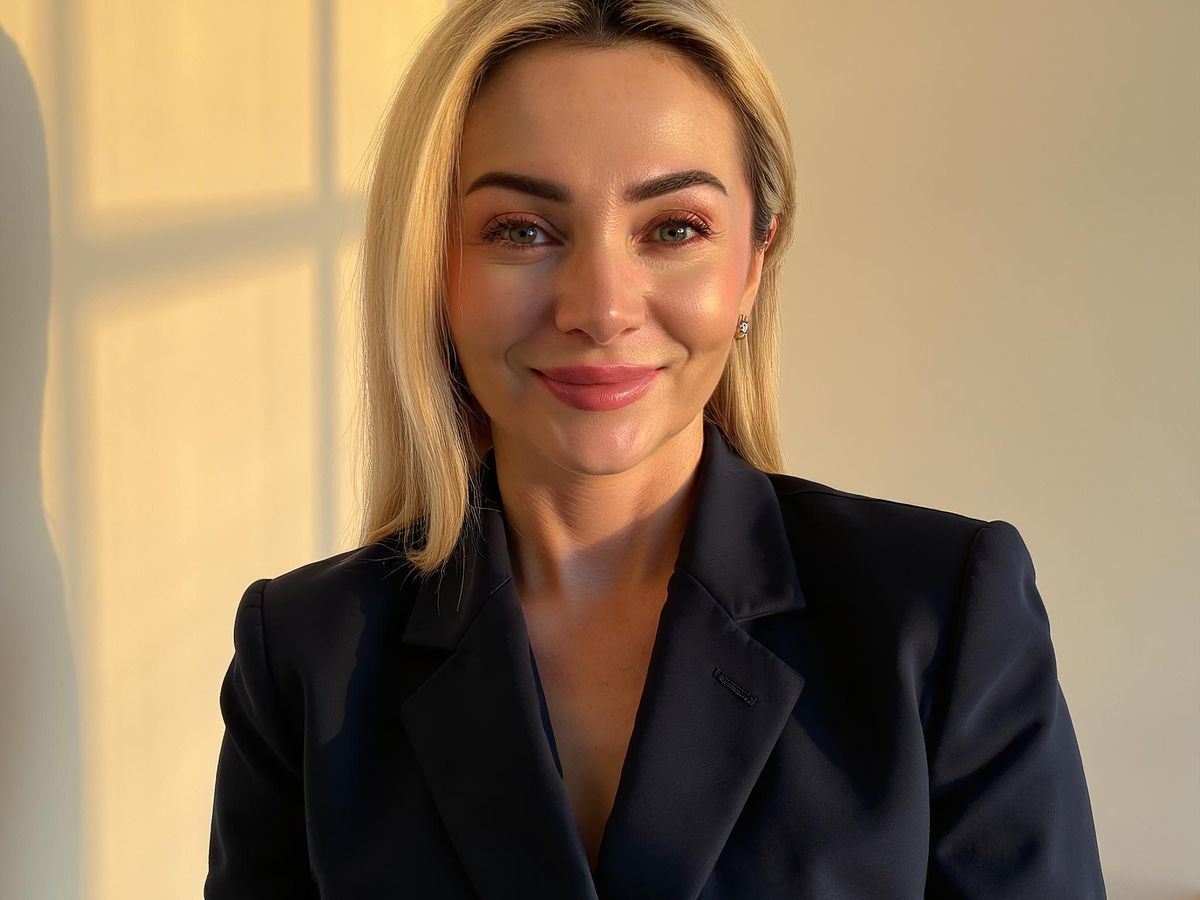 A smiling person in a dark suit with soft lighting.