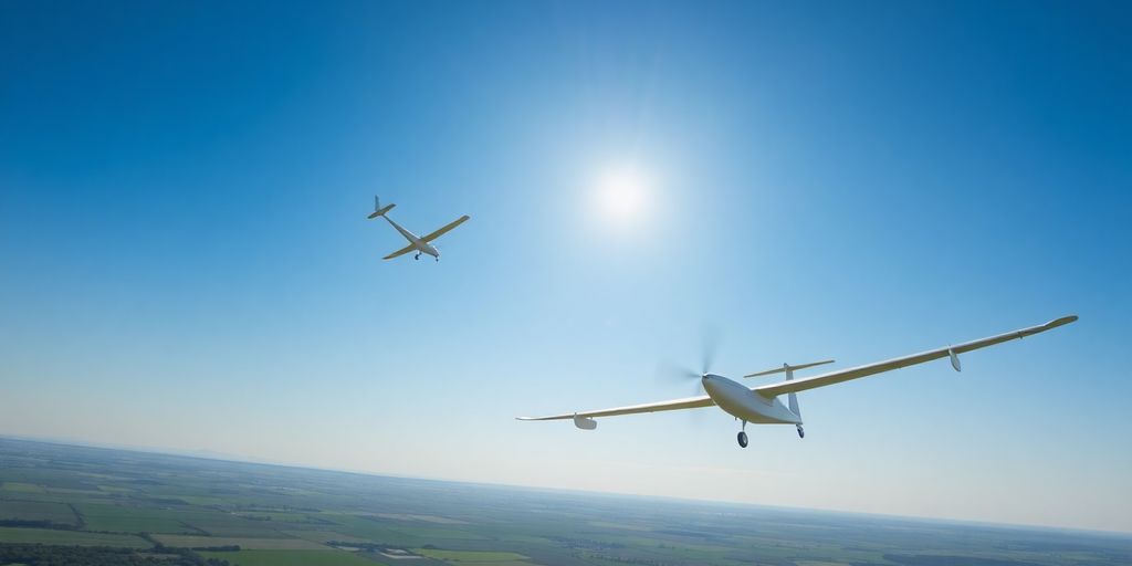 Planeurs blancs dans un ciel bleu au-dessus d'un champ vert.