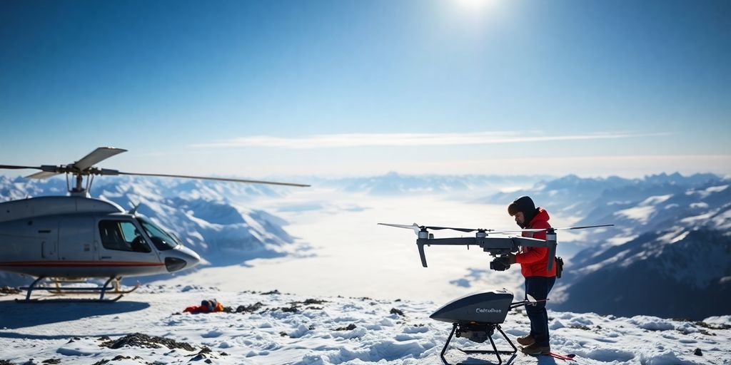 Helicopter and drone on a snowy Alaskan mountain peak.