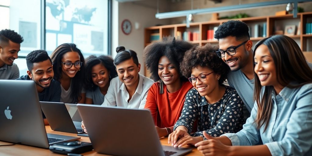 Diverse entrepreneurs engaging in online ecommerce courses.