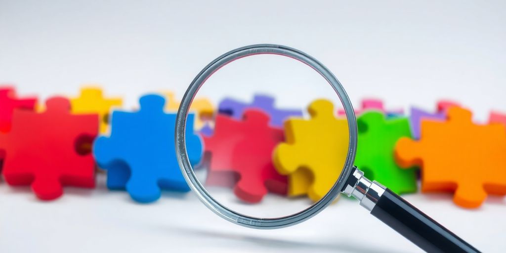 Magnifying glass over digital puzzle pieces.
