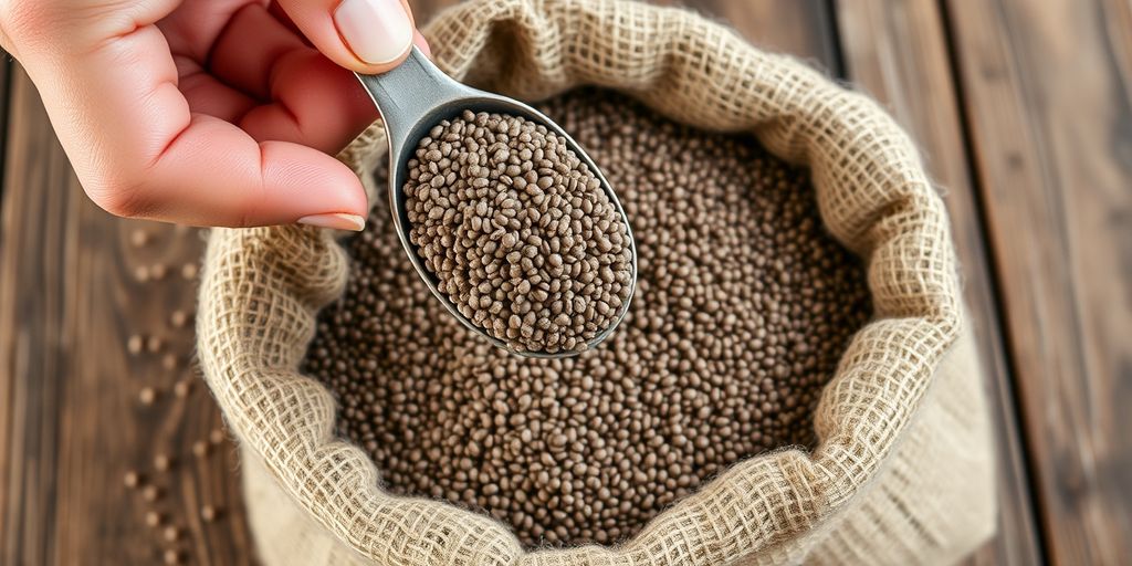 Hand holding scoop of chia seeds over burlap sack.