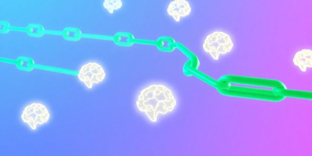 Green chain links connecting floating AI brains.