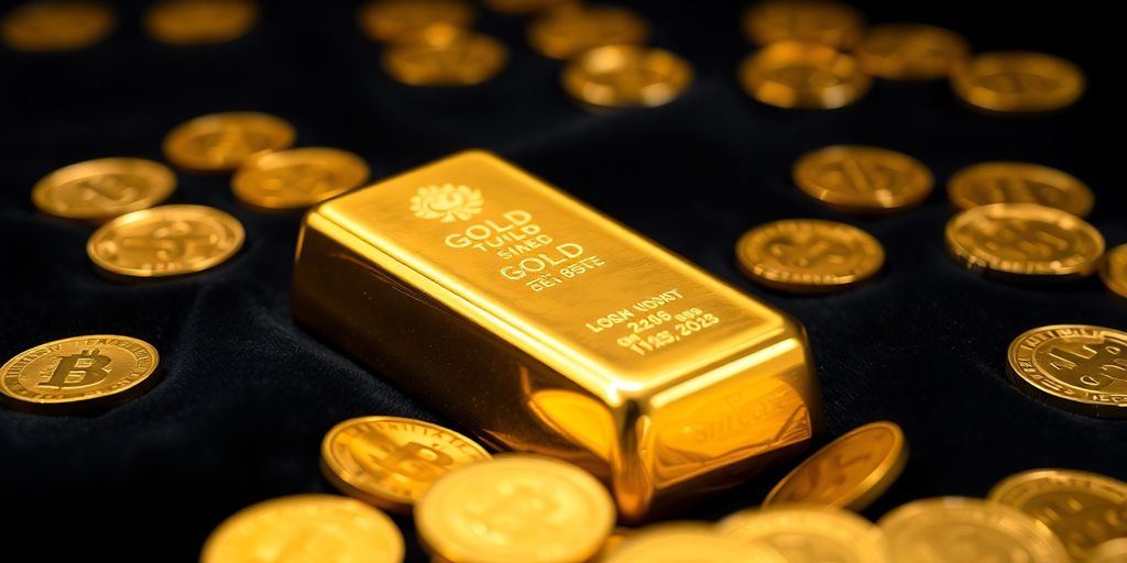 Barre d'or sur un fond sombre avec des pièces.