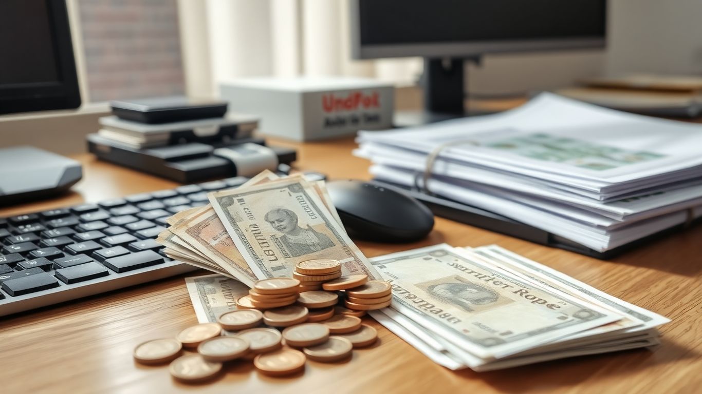 Indian desk with currency, coins, stock certificates, computer