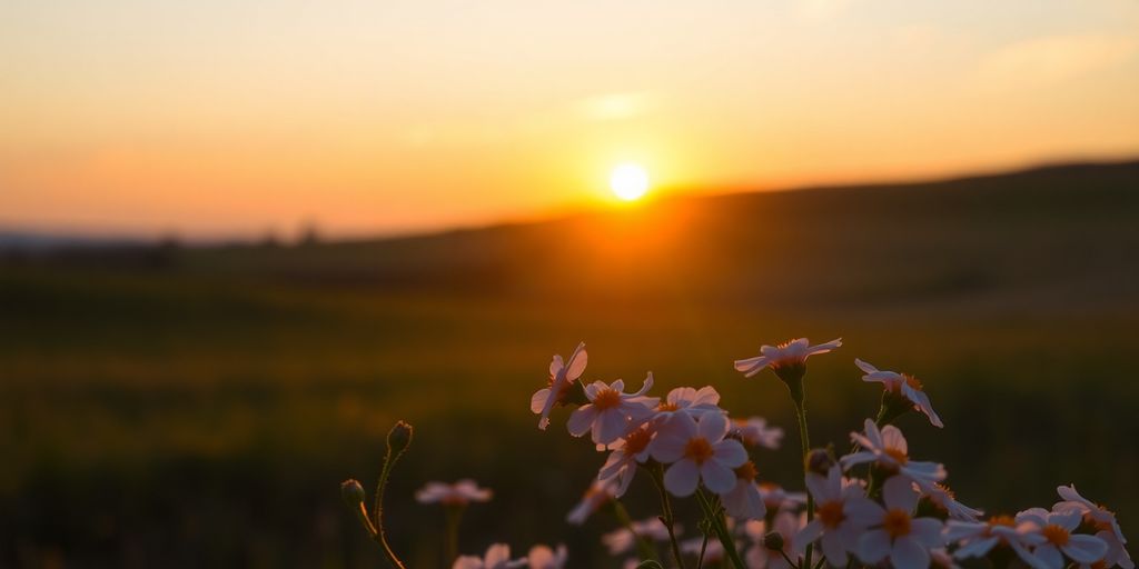 Serene sunset landscape with blooming flowers.