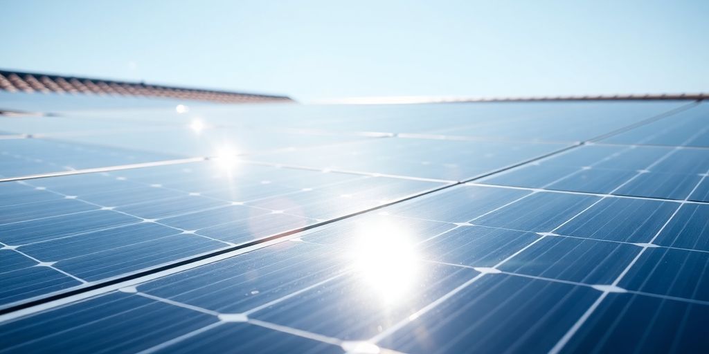 Photograph of solar panels on a sunny rooftop.