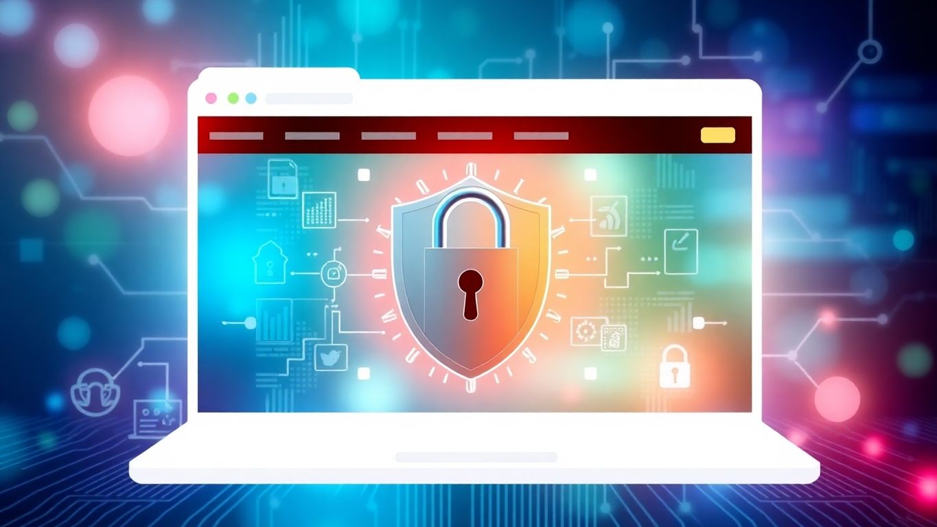 Illustration of a secure website with a padlock and shield.