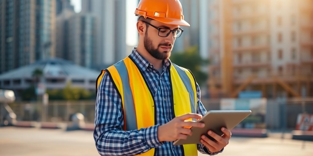 Contractor using tablet outdoors with cityscape.