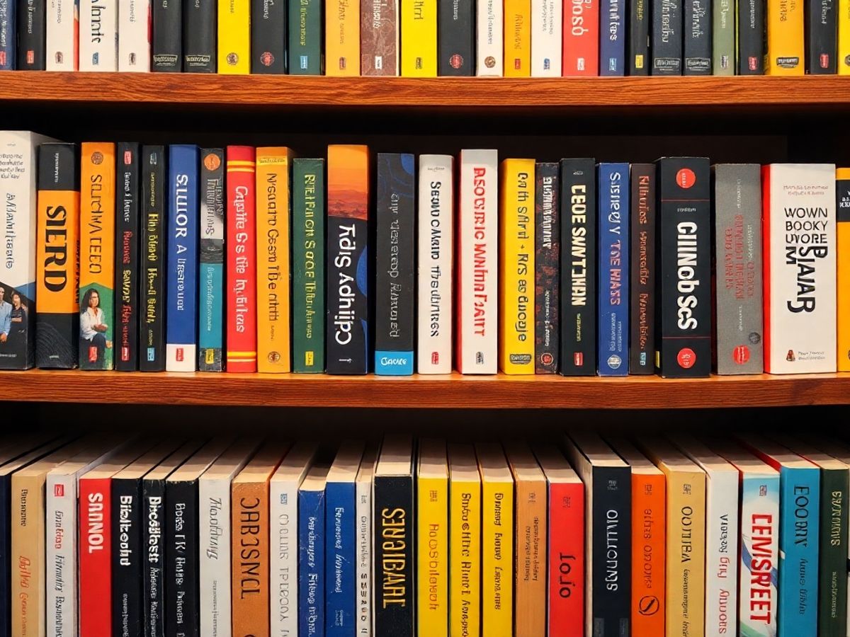 Colorful bookshelf filled with self-development books.