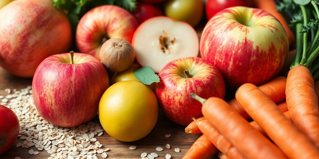 Frutas e vegetais ricos em fibras solúveis.