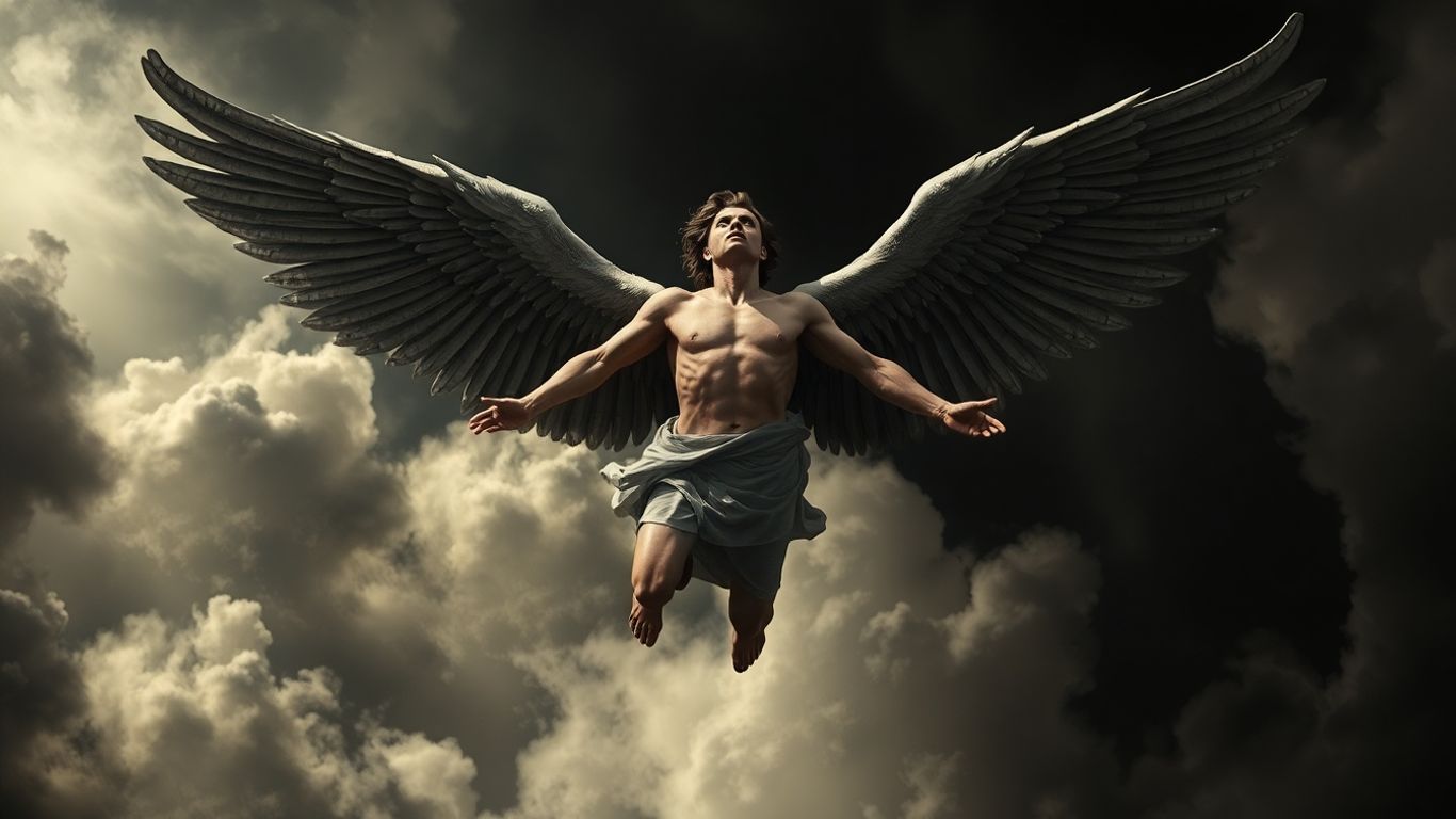 Fallen angel descending through clouds, wings spread.