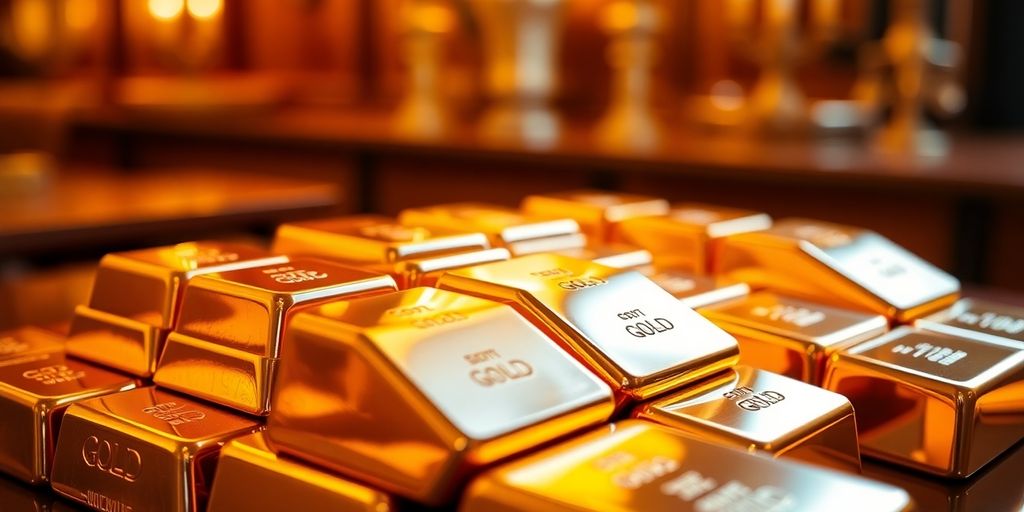 Barres d'or brillantes empilées sur un fond flou.
