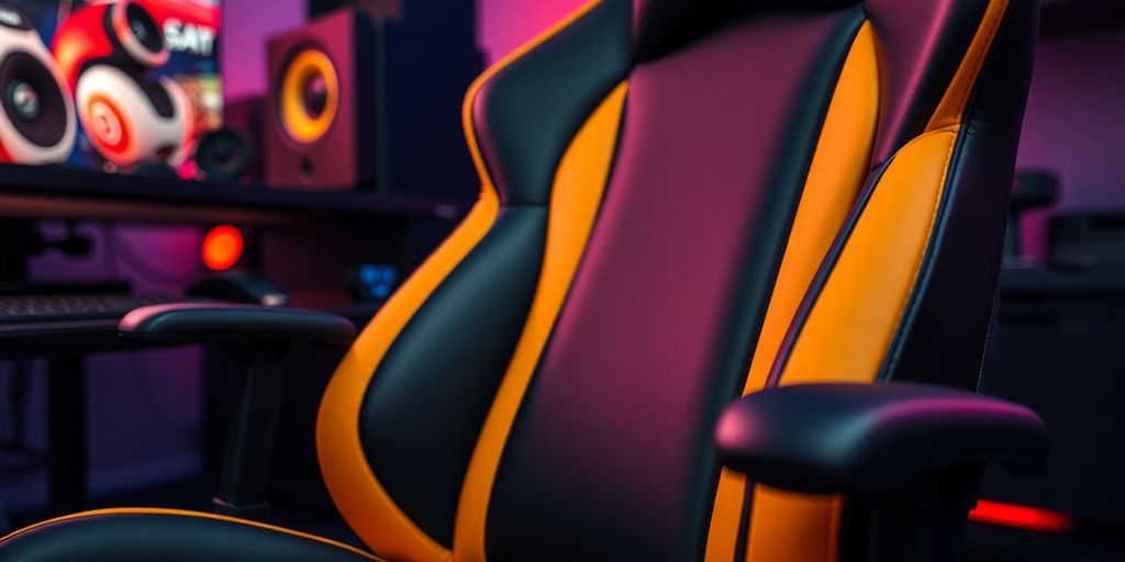 Close-up of a stylish ergonomic geek seat in a gaming setup.