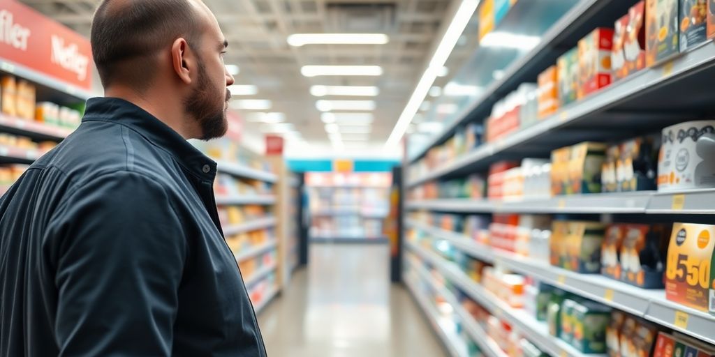 Man in store with products on shelves.