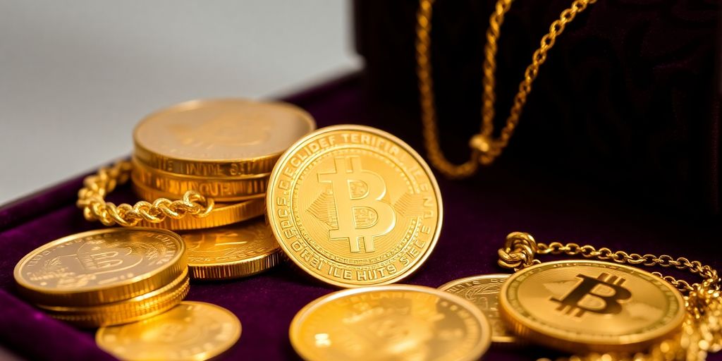 Monnaie en or et bijoux en or sur tissu velours.