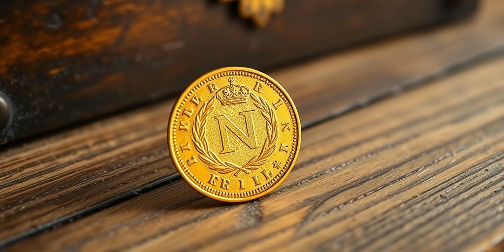 Une pièce de Napoléon en or sur une table en bois.