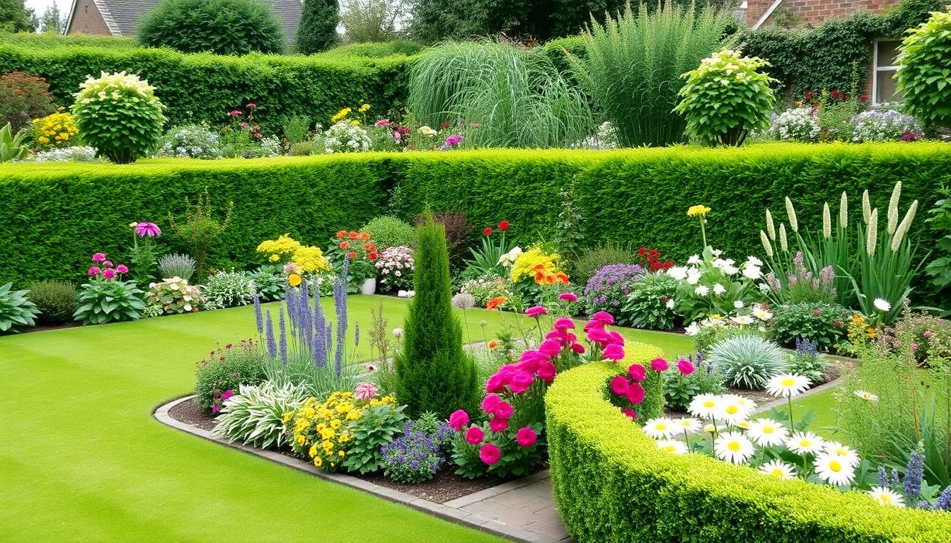 A beautiful garden in London with green lawns and flowers.