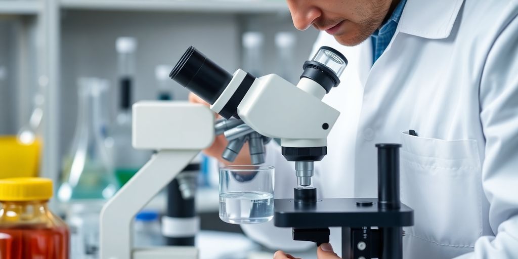 Técnico de química analisando amostras de água no laboratório.
