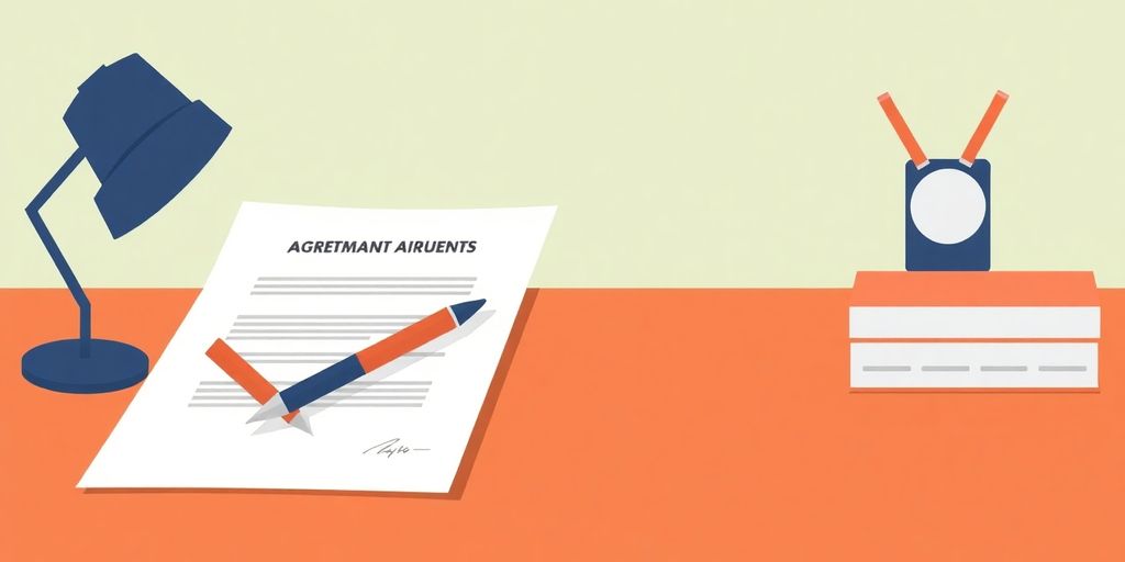 Illustrasjon av kontrakt og penn i arbeidsmiljø.