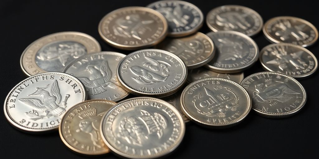 Différentes pièces d'argent sur une surface sombre.