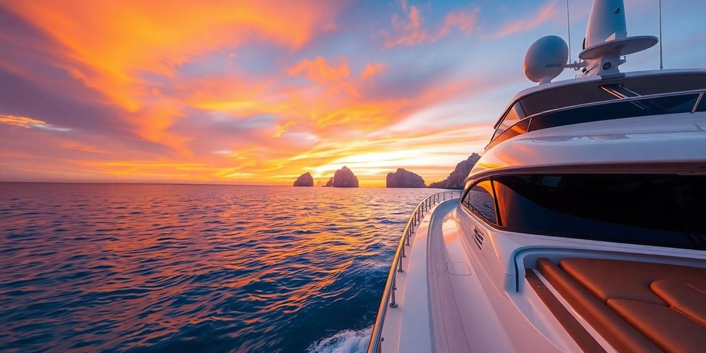 Luxury yacht cruising turquoise Cabo waters, vibrant sunset.