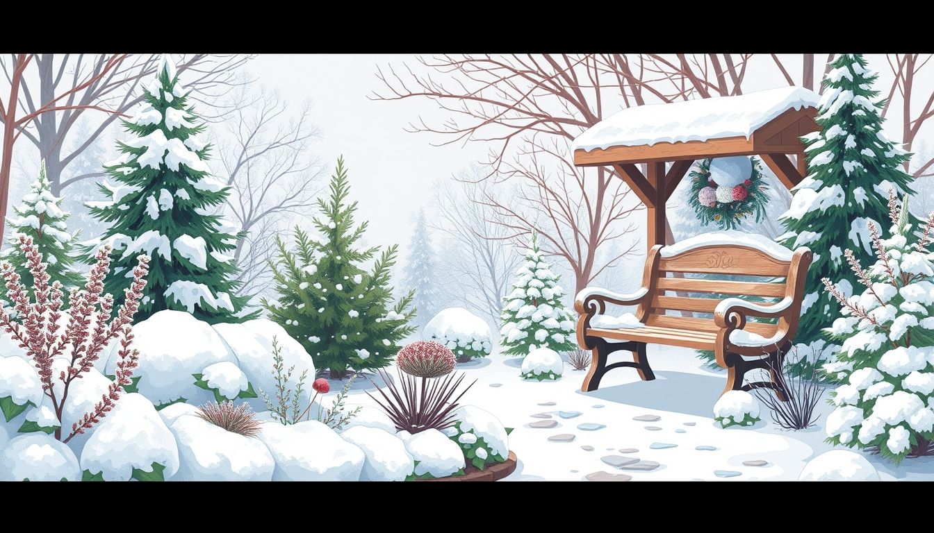 Winter garden with snow-covered plants and evergreen trees.