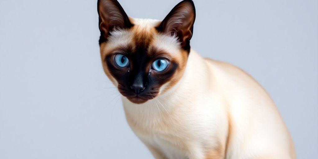 Blue-eyed Siamese cat with sleek cream and brown fur.