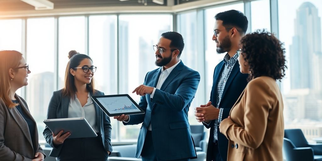 Businessman shaking hands with client over financial documents.