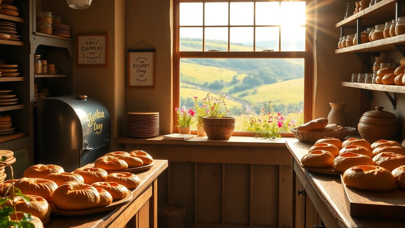 Fresh pastries in Devon bakery with countryside view
