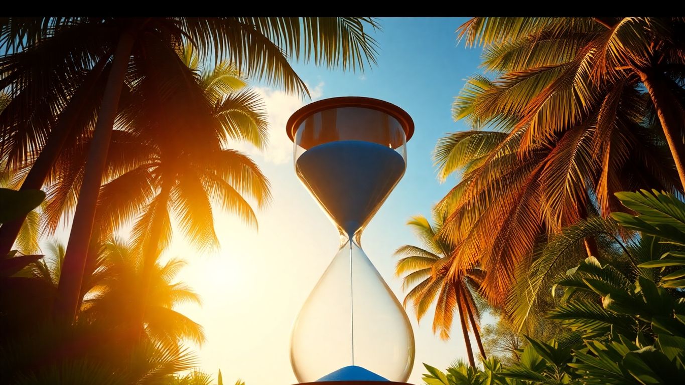 Hourglass funnel amidst colorful palm trees.
