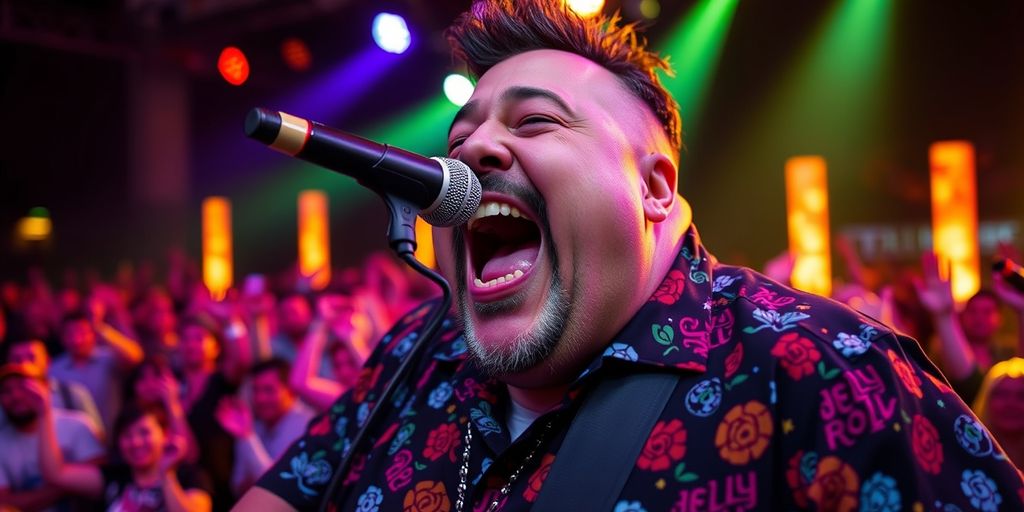 Jelly Roll performing on stage with colorful lights.