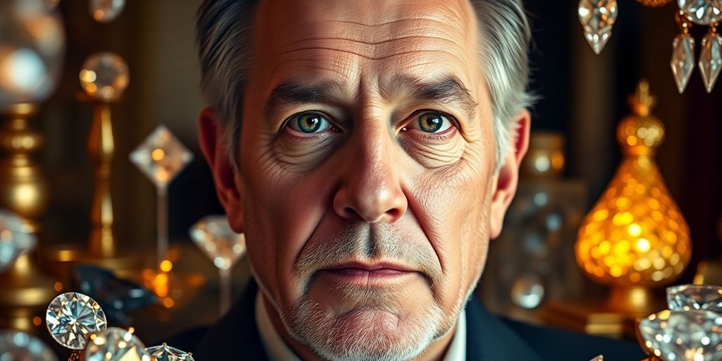 Portrait de Nicky Oppenheimer avec des diamants.