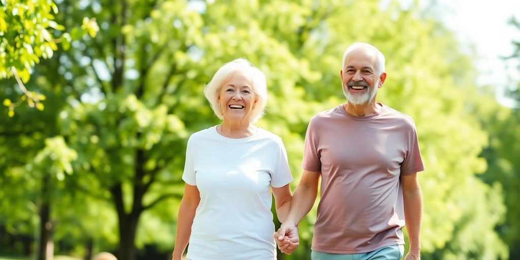 Elderly couple holding hands; vibrant, healthy lifestyle.
