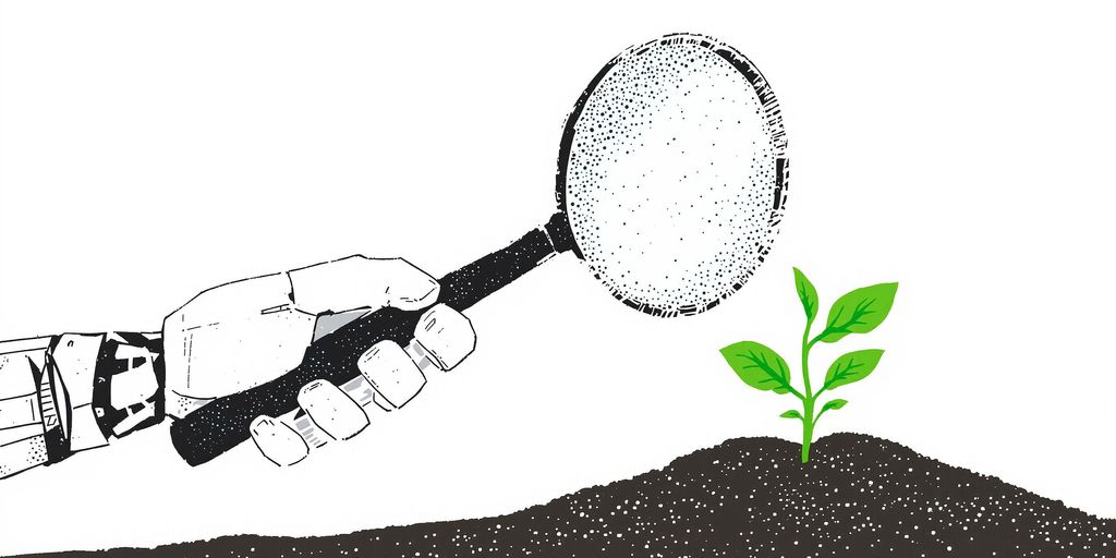 Robot hand holds magnifying glass over growing plant.
