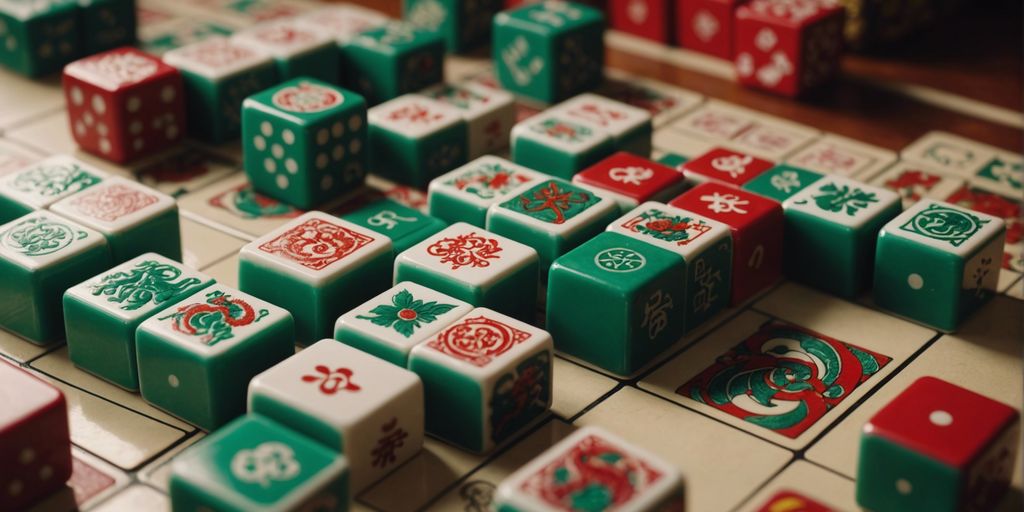 Close-up of Mahjong dragon tiles with intricate designs on a traditional game board.