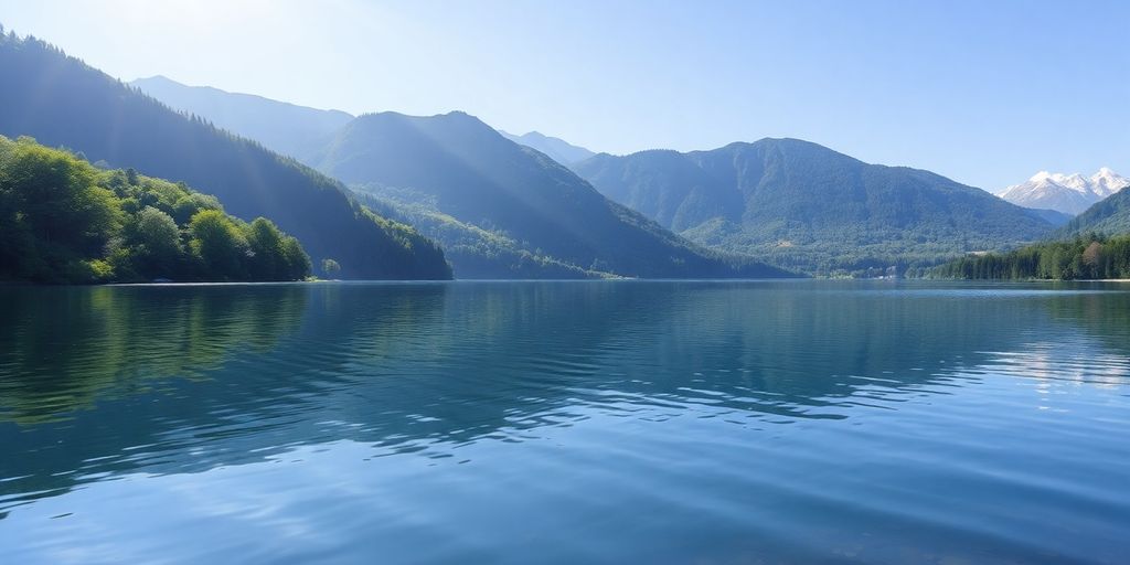 Serene landscape with a calm lake and mountains.