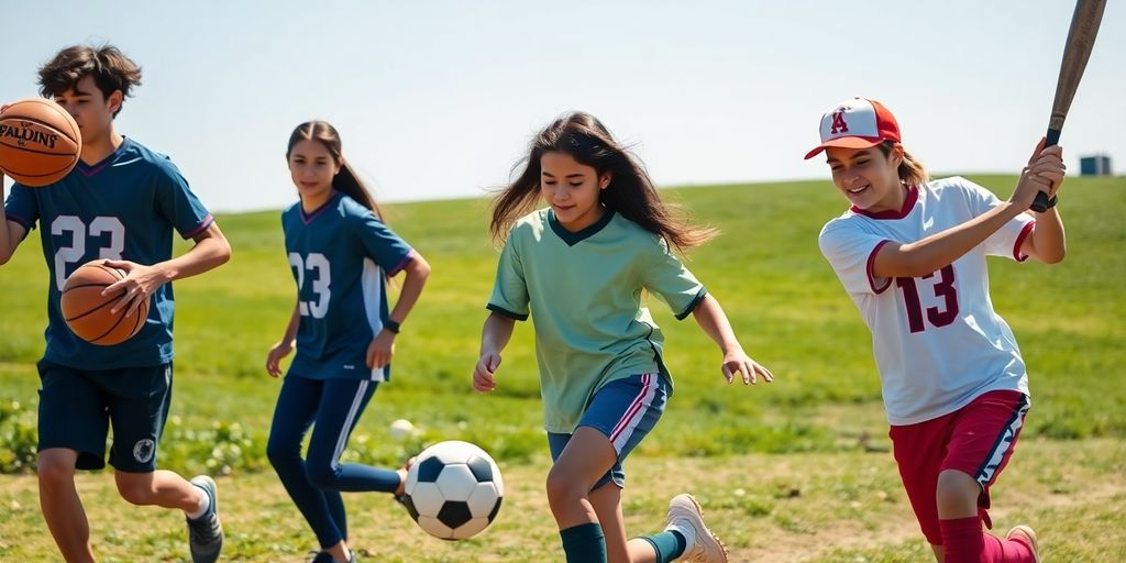 Teen homeschooling athletes playing various sports outdoors.