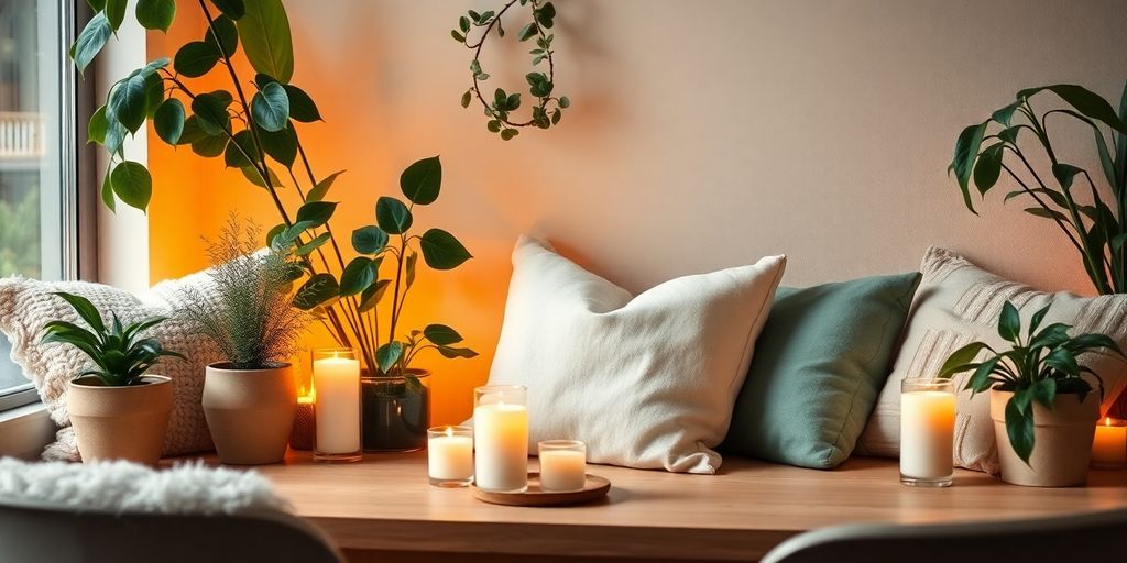 Relaxing workspace with plants and soft lighting.