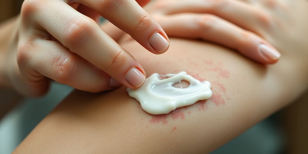 Gentle hands applying natural cream to calm skin.