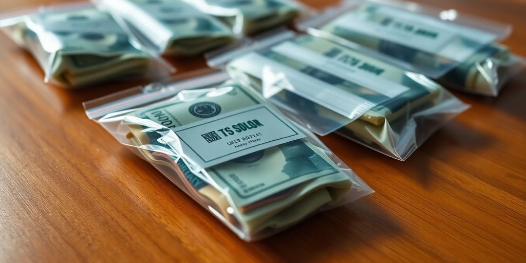 Sachets scellés contenant de l'argent sur une table en bois.