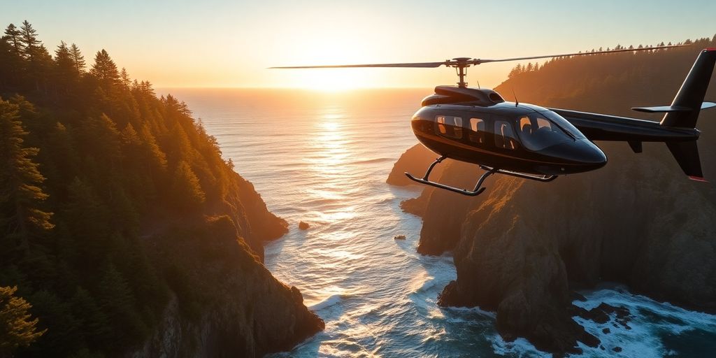 A helicopter flies over the Northern California coastline at sunset.