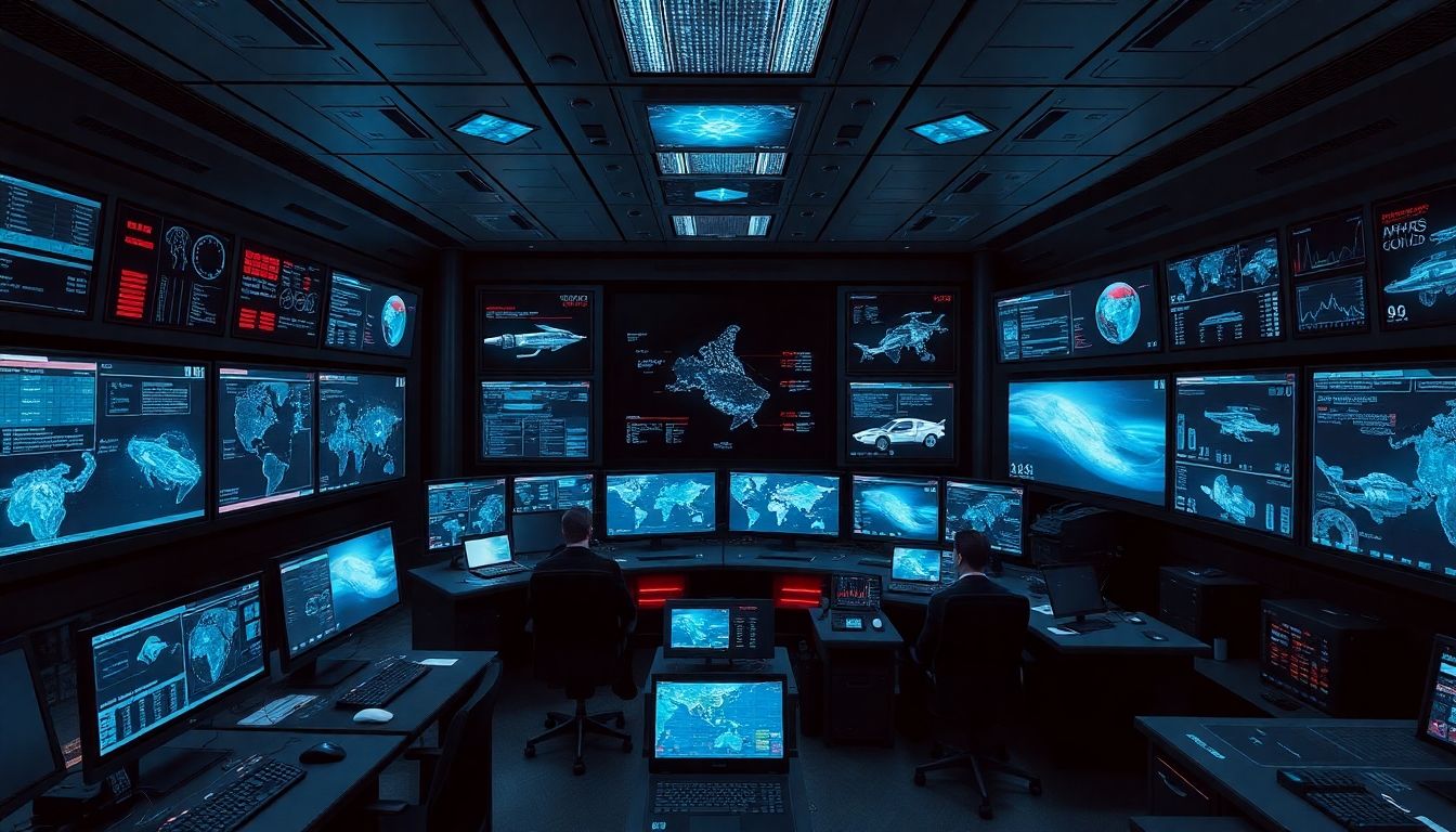 Futuristic control room with AI technology for conflict prevention.