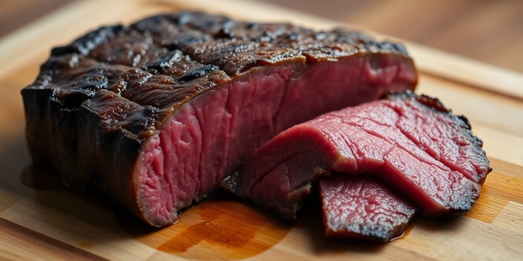 Marbled grass-fed Wagyu steak, cooked rare